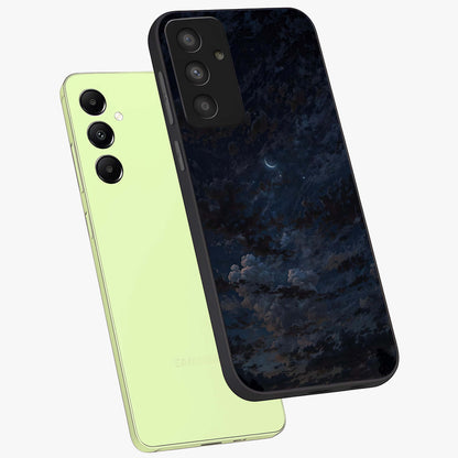 Lunar Veil Silence Glass Case displayed in angled mockup highlighting soft lunar design with peaceful celestial aesthetic.