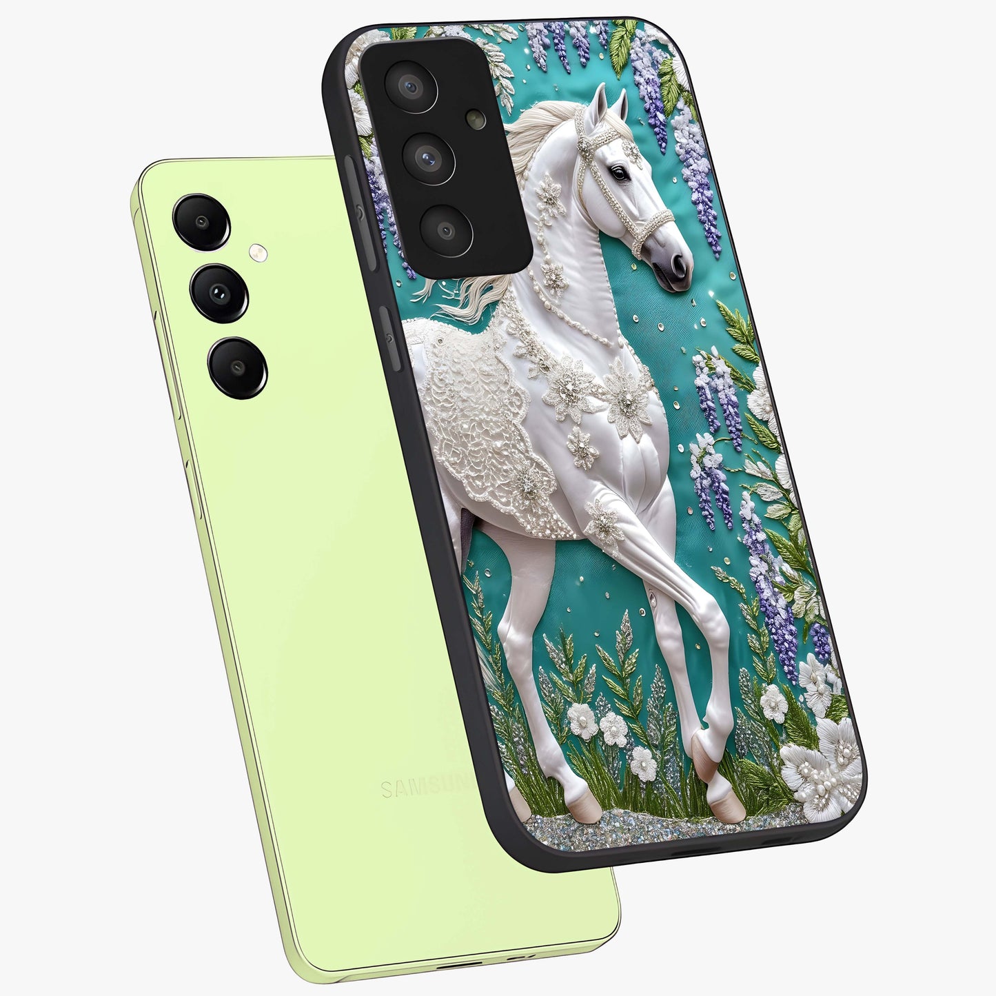 Majestic Floral Stallion Glass Case displayed in angled mockup highlighting majestic stallion illustration with elegant floral aesthetic.