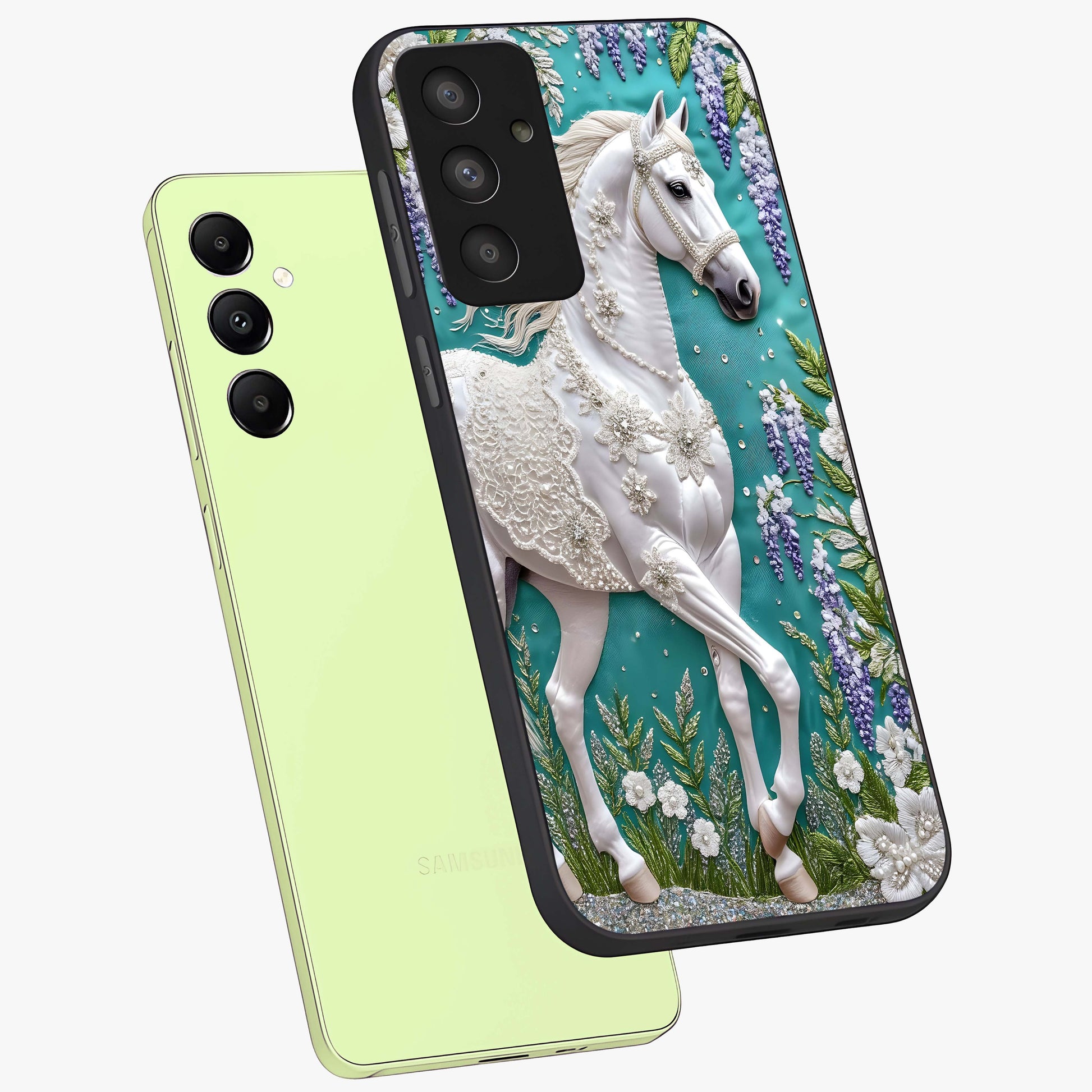 Majestic Floral Stallion Glass Case displayed in angled mockup highlighting majestic stallion illustration with elegant floral aesthetic.