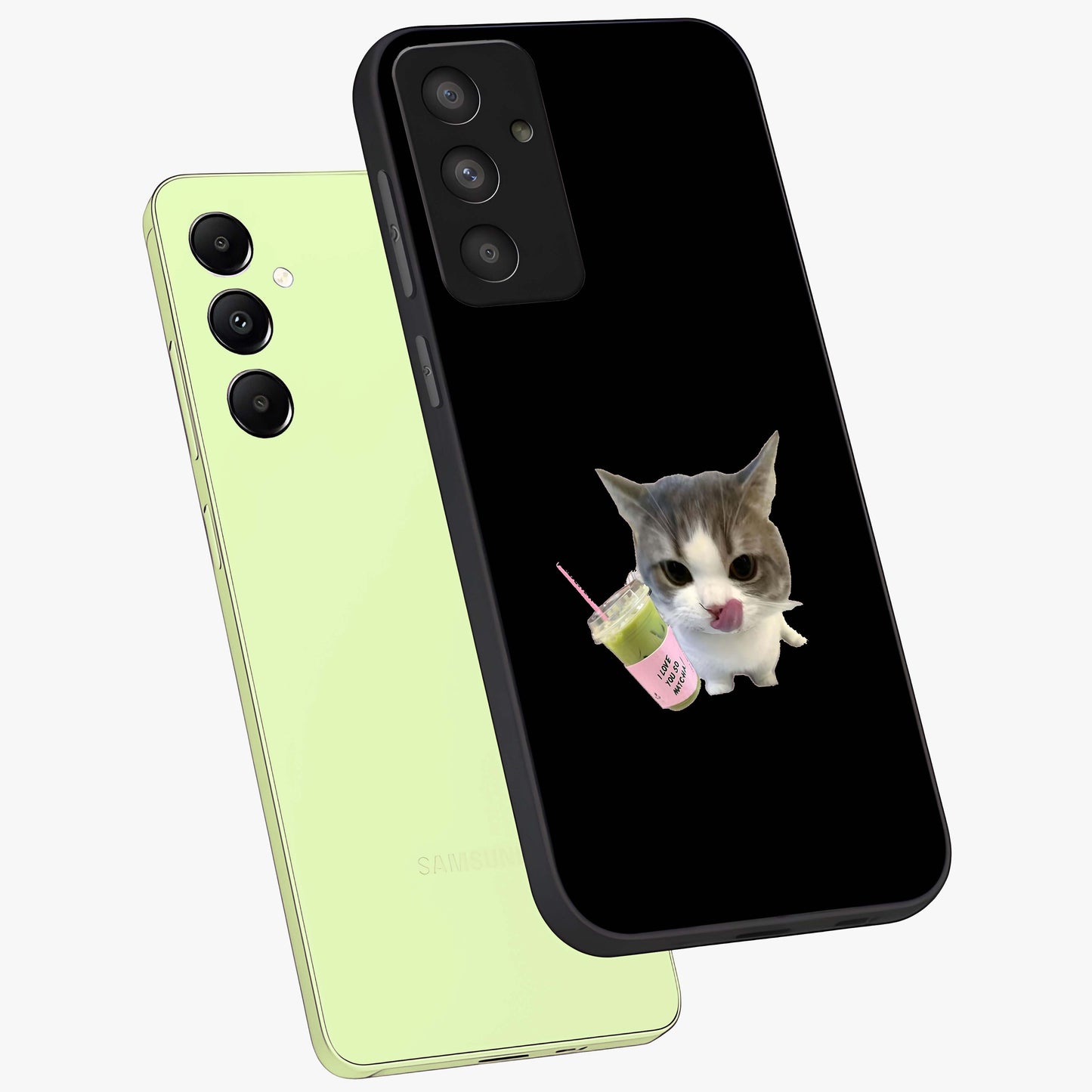 Matcha Cat Style Glass Case displayed in angled mockup highlighting playful feline design with pastel matcha aesthetic.