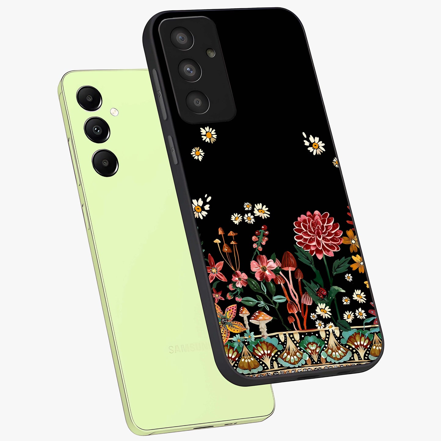 Midnight Bloom Pattern Glass Case displayed in angled mockup highlighting elegant flower design with midnight aesthetic style.