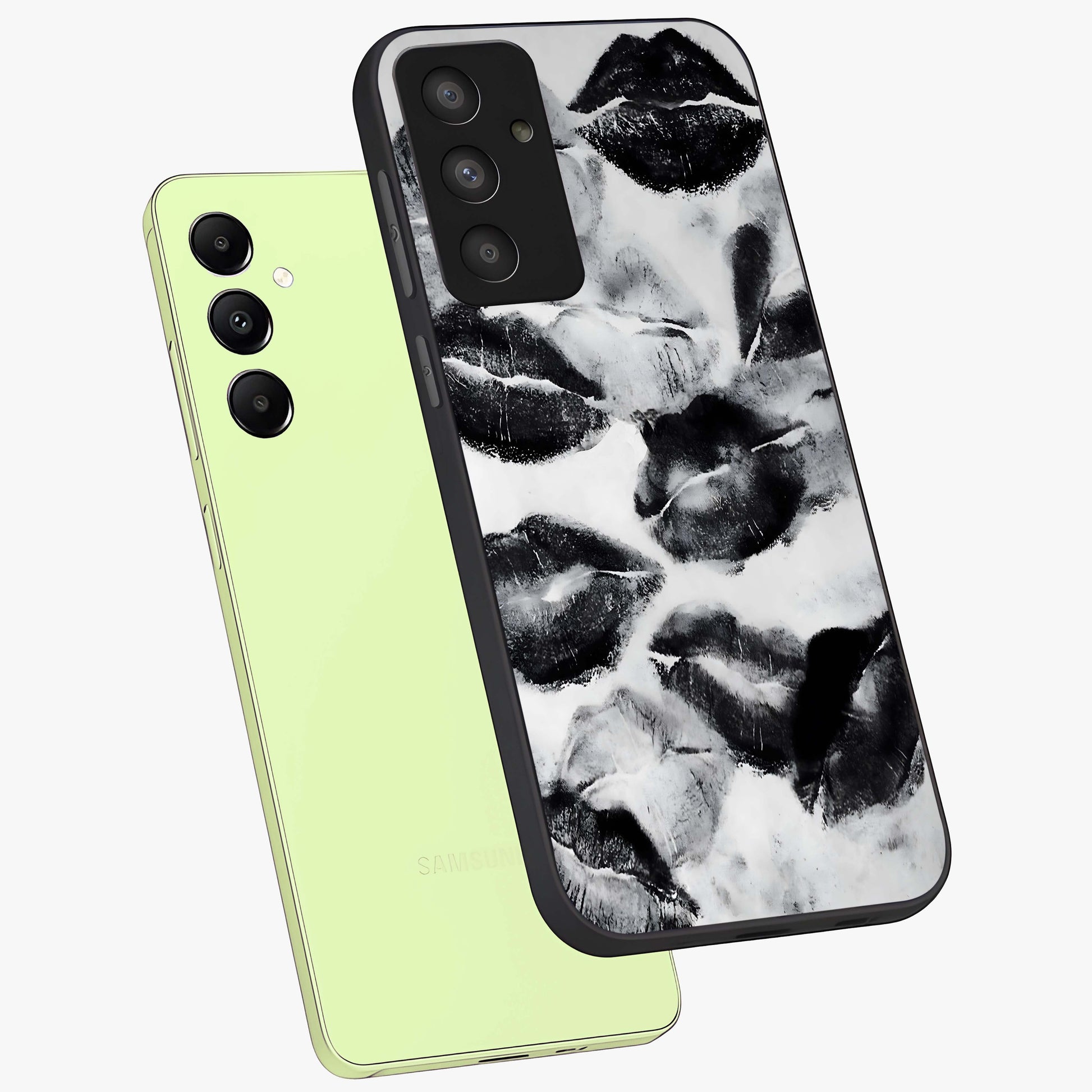 Midnight Kiss Marks Glass Case displayed in angled mockup highlighting playful romantic design with bold midnight aesthetic.