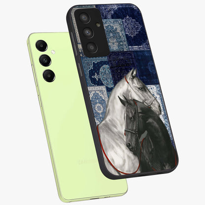 Midnight Stallion Blues Glass Case displayed in angled mockup highlighting powerful stallion illustration with deep midnight tones.