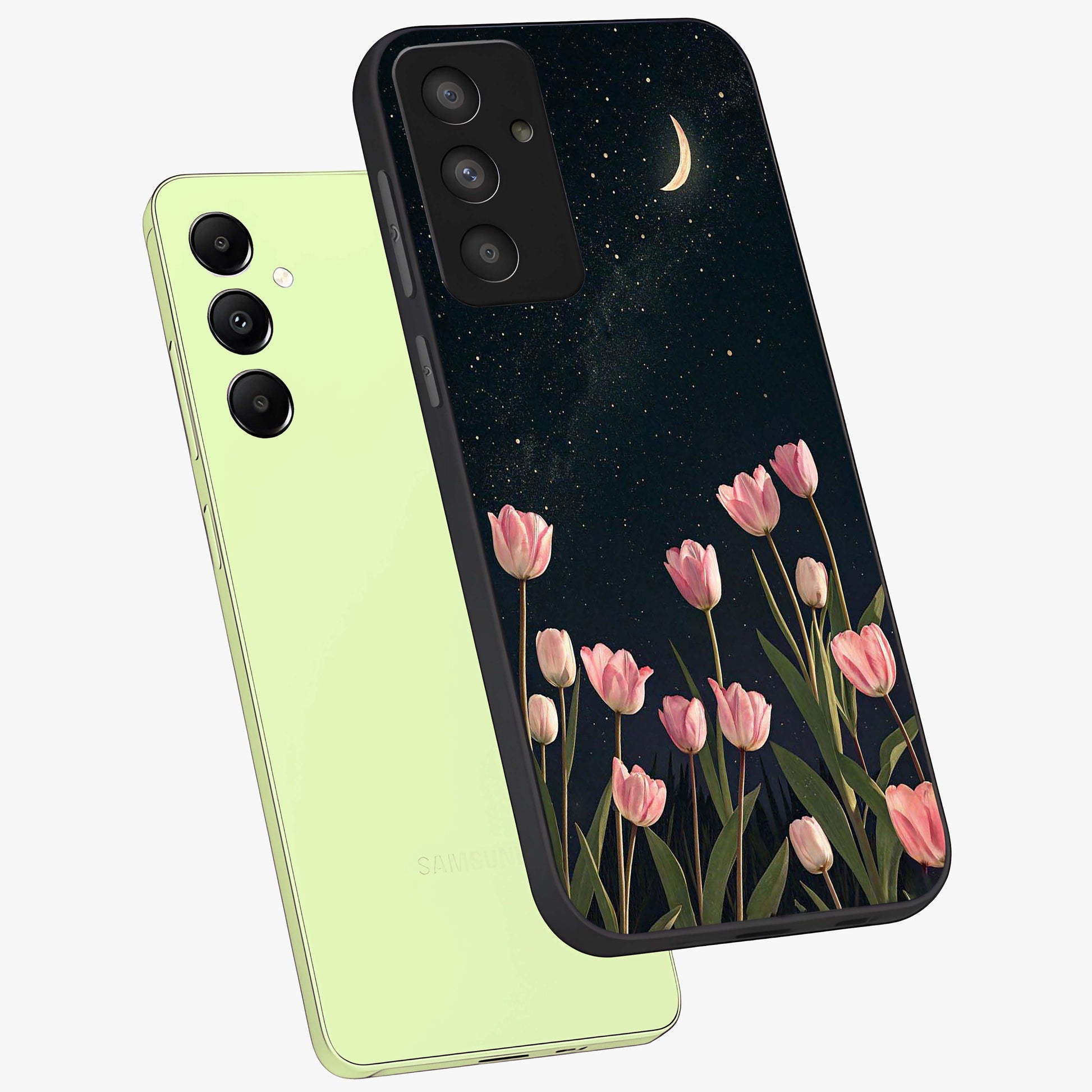 Midnight Tulip Whispers Vibe Glass Case displayed in angled mockup highlighting delicate tulip design with midnight floral aesthetic.