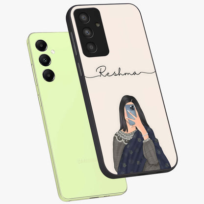 Mirror Mood Muse With Custom Name Glass Case displayed in angled mockup highlighting aesthetic mirror inspired design with custom name feature.
