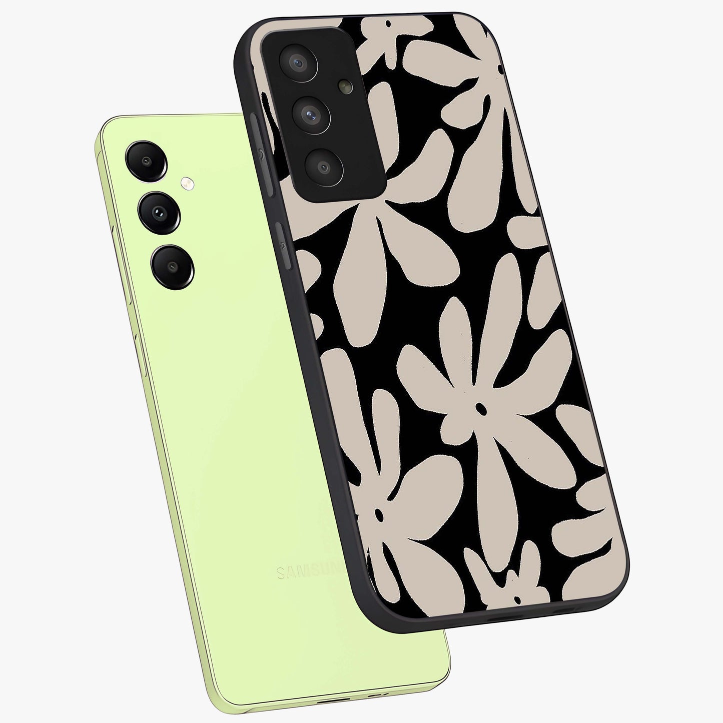 Monochrome Petal Dance Glass Case displayed in angled mockup highlighting elegant petal design with black and white aesthetic.