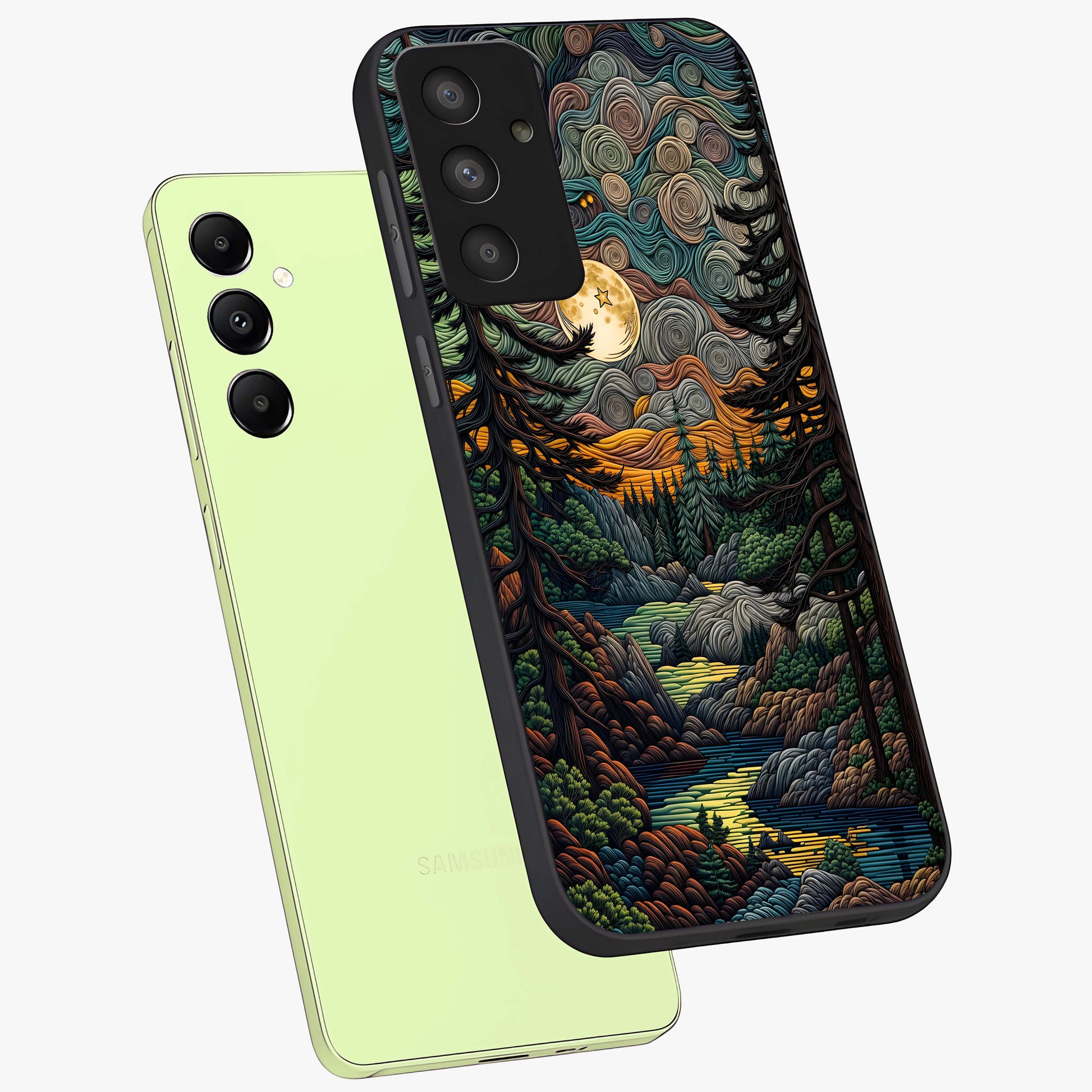 Moonlight Forest Dream Glass Case displayed in angled mockup highlighting dreamy forest design with glowing moon aesthetic.