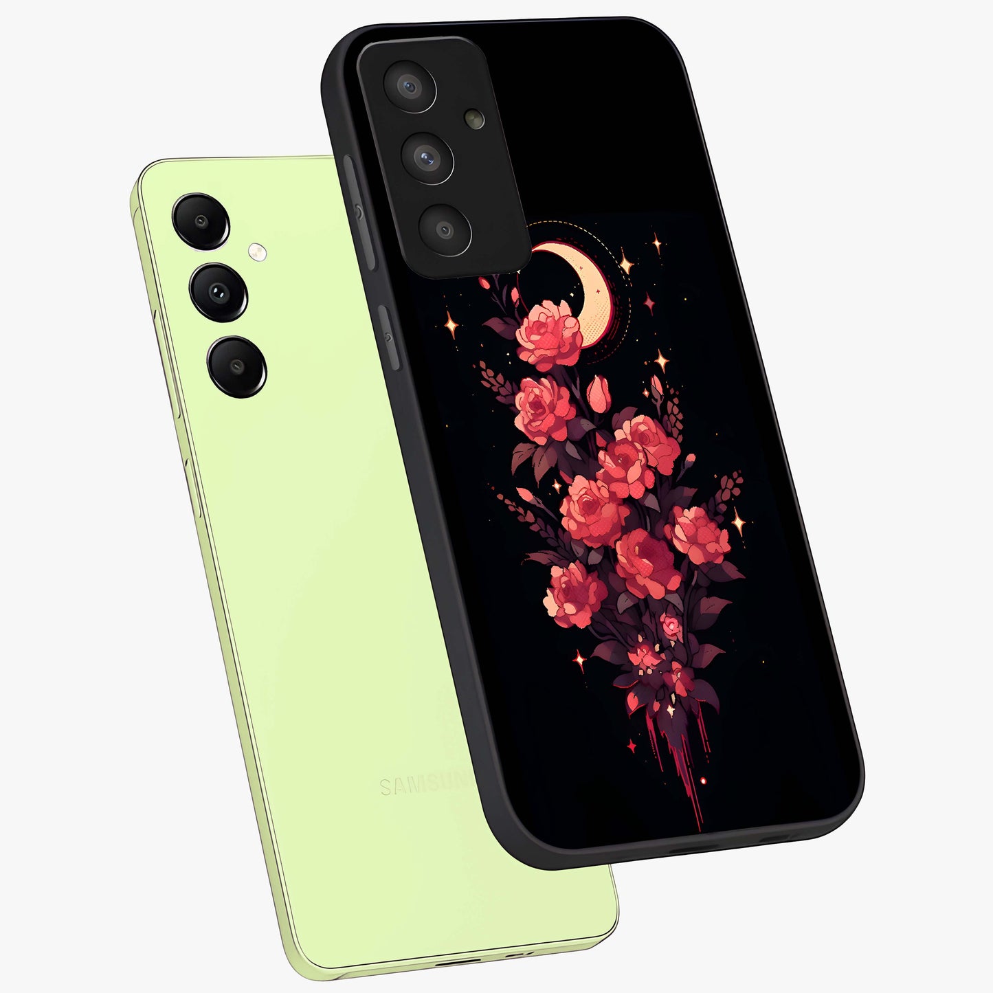 Moonlit Floral Elegance Glass Case displayed in angled mockup highlighting graceful flower design with soft moonlight aesthetic.