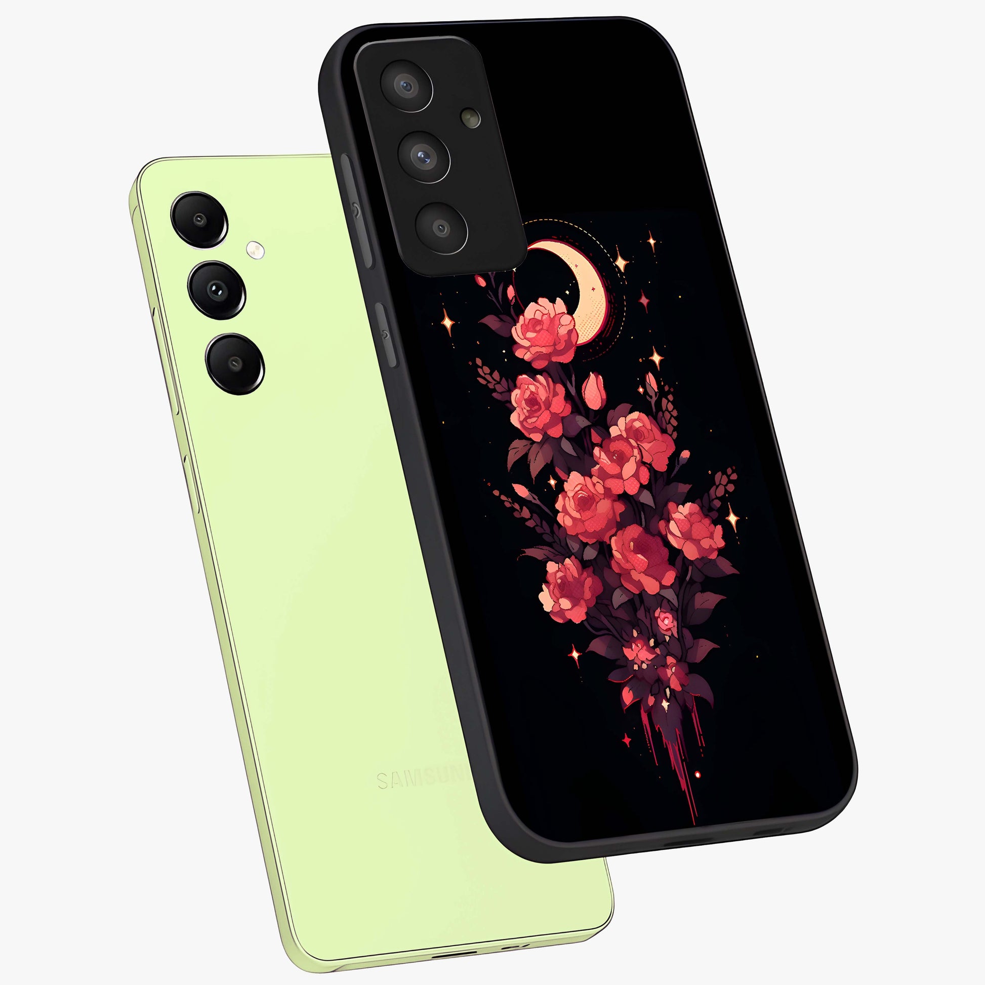 Moonlit Floral Elegance Glass Case displayed in angled mockup highlighting graceful flower design with soft moonlight aesthetic.