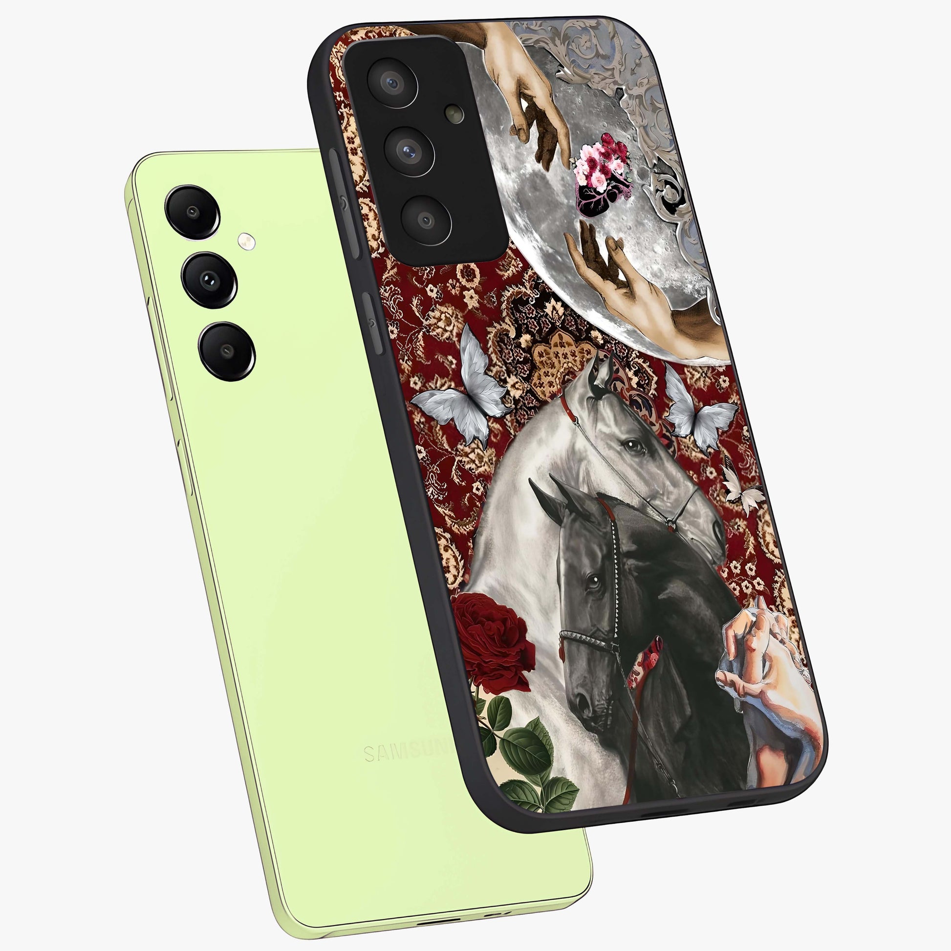 Moonlit Royal Stallion Glass Case displayed in angled mockup highlighting powerful stallion illustration with royal night aesthetic.