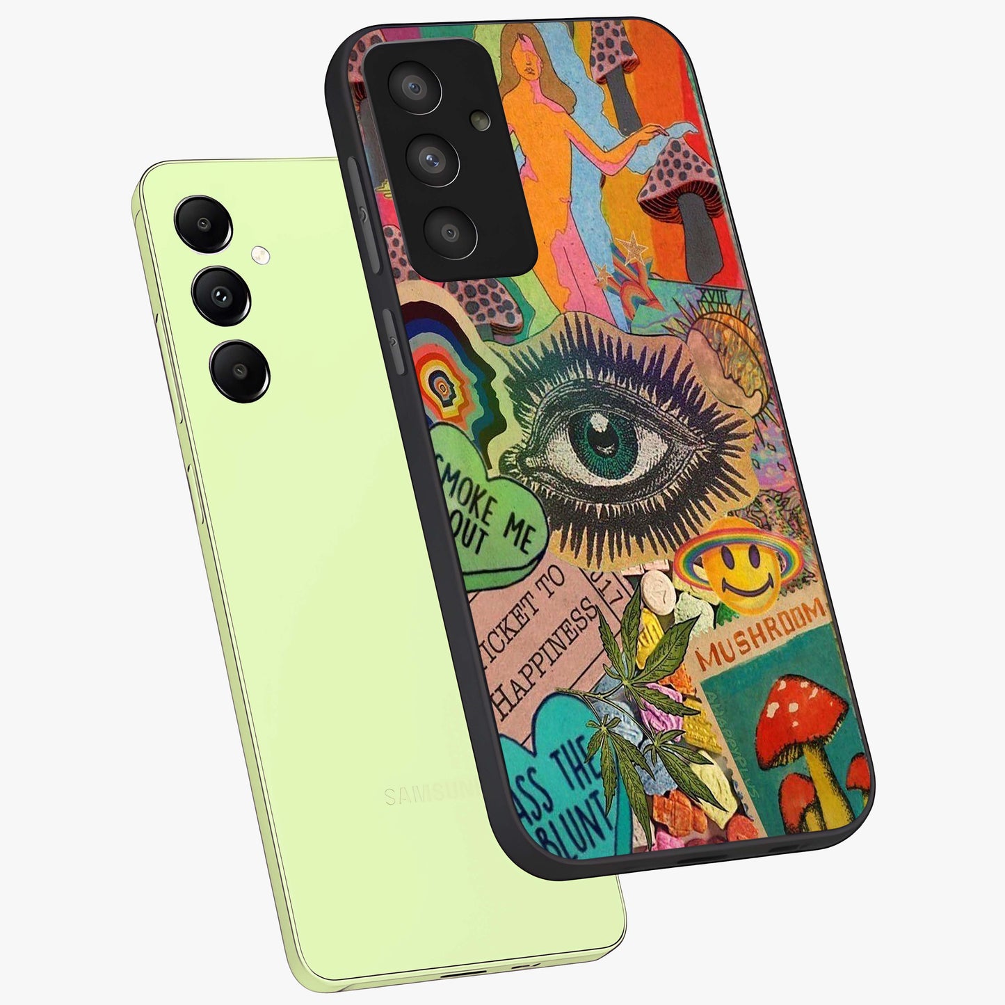 Mystic Eye Wonderland Glass Case displayed in angled mockup highlighting magical eye illustration with dreamy aesthetic.