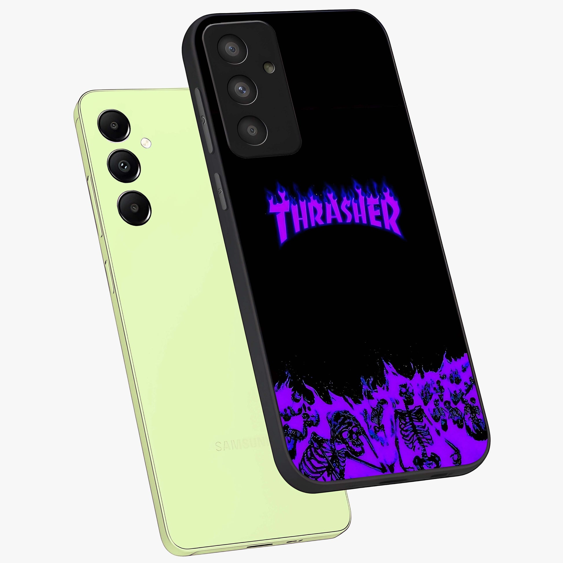 Neon Flame Riot Glass Case displayed in angled mockup highlighting glowing flame design with vibrant neon aesthetic.