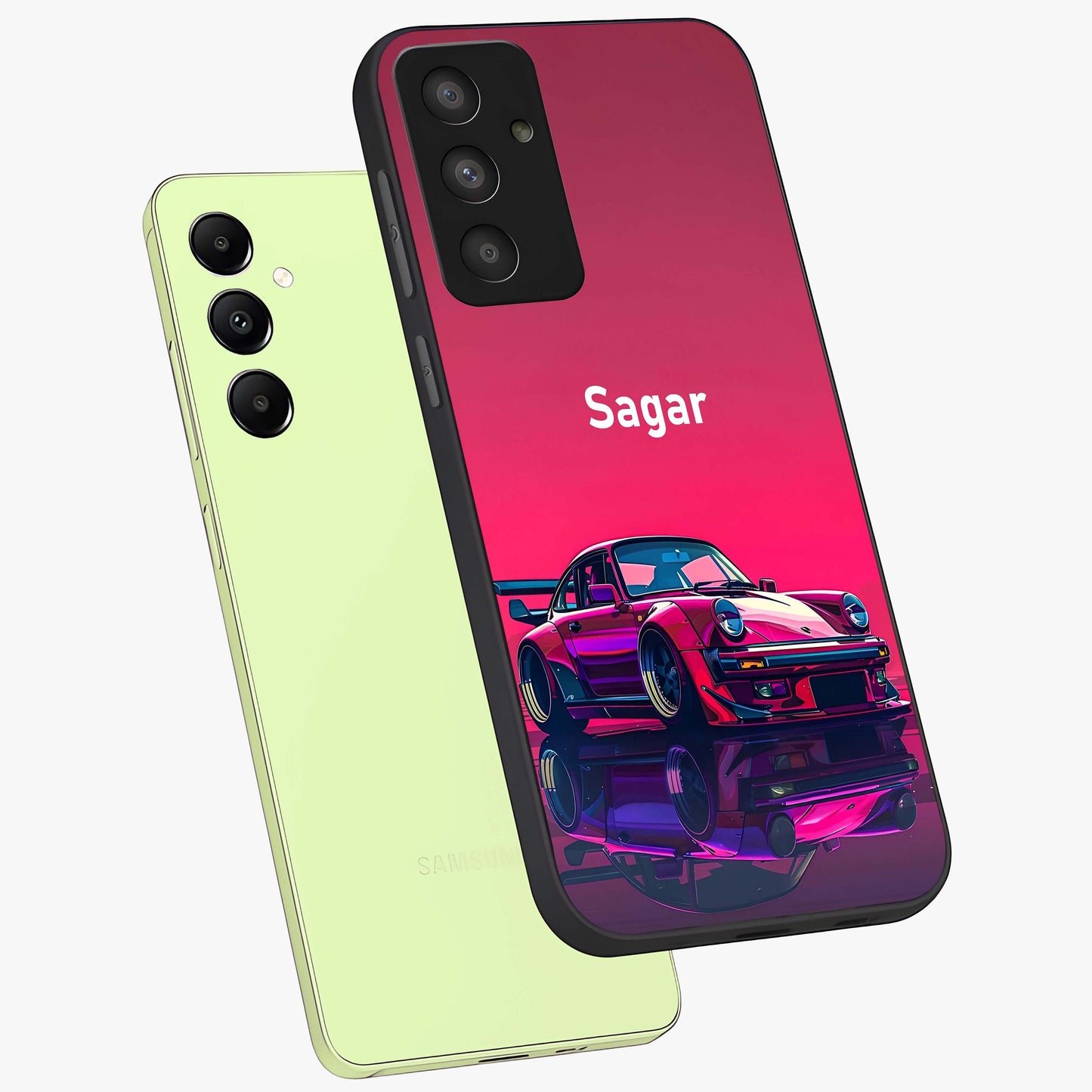Neon Pink Porsche Glass Case displayed in angled mockup highlighting sleek neon pink car design with racing aesthetic.