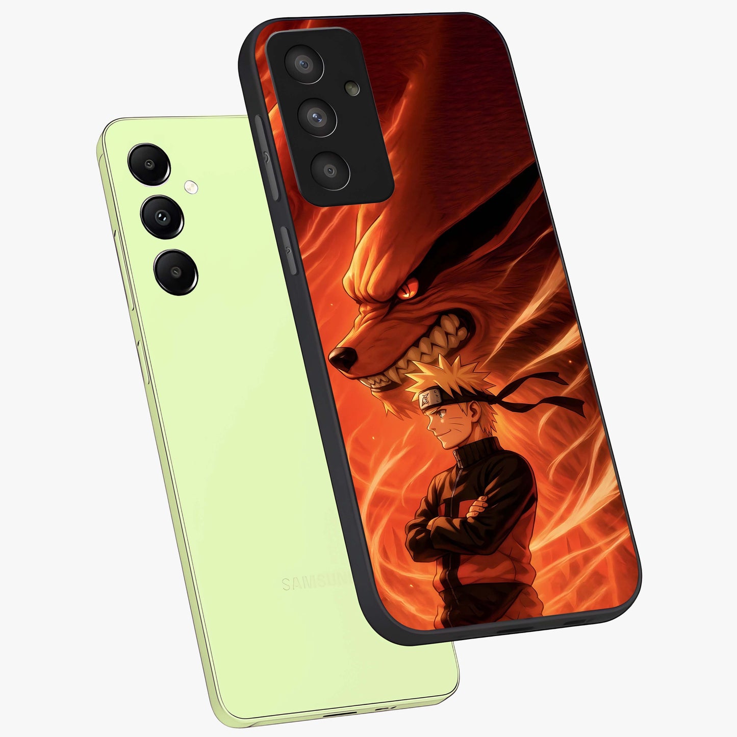 Nine Tails Legacy Glass Case displayed in angled mockup highlighting dynamic anime beast illustration with bold mystical aesthetic.
