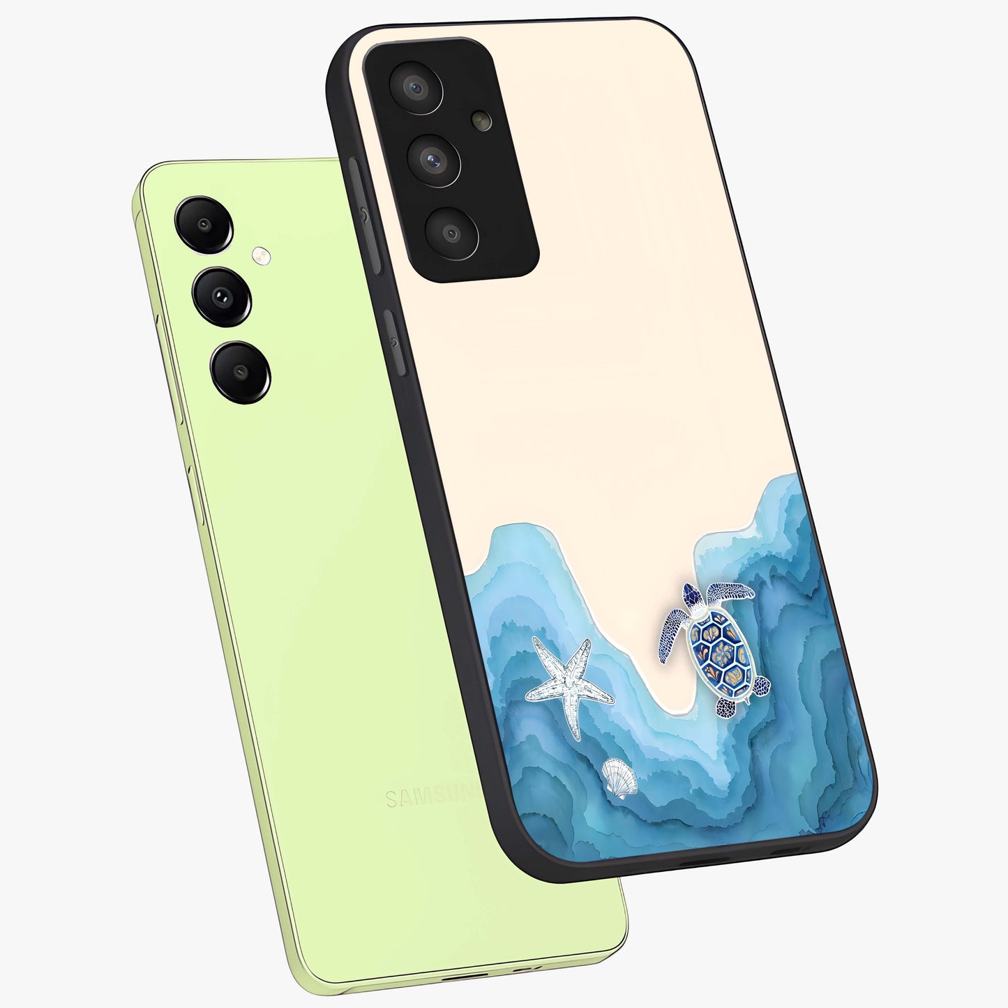 Ocean Drift Turtle Glass Case displayed in angled mockup highlighting peaceful ocean turtle illustration with marine aesthetic.