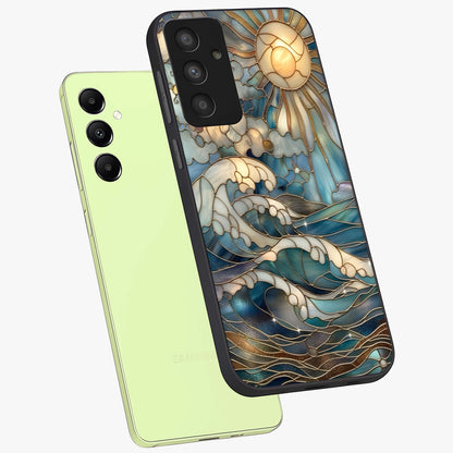 Oceanic Stained Printed Glass Case displayed in angled mockup highlighting colorful aquatic design with artistic aesthetic style.