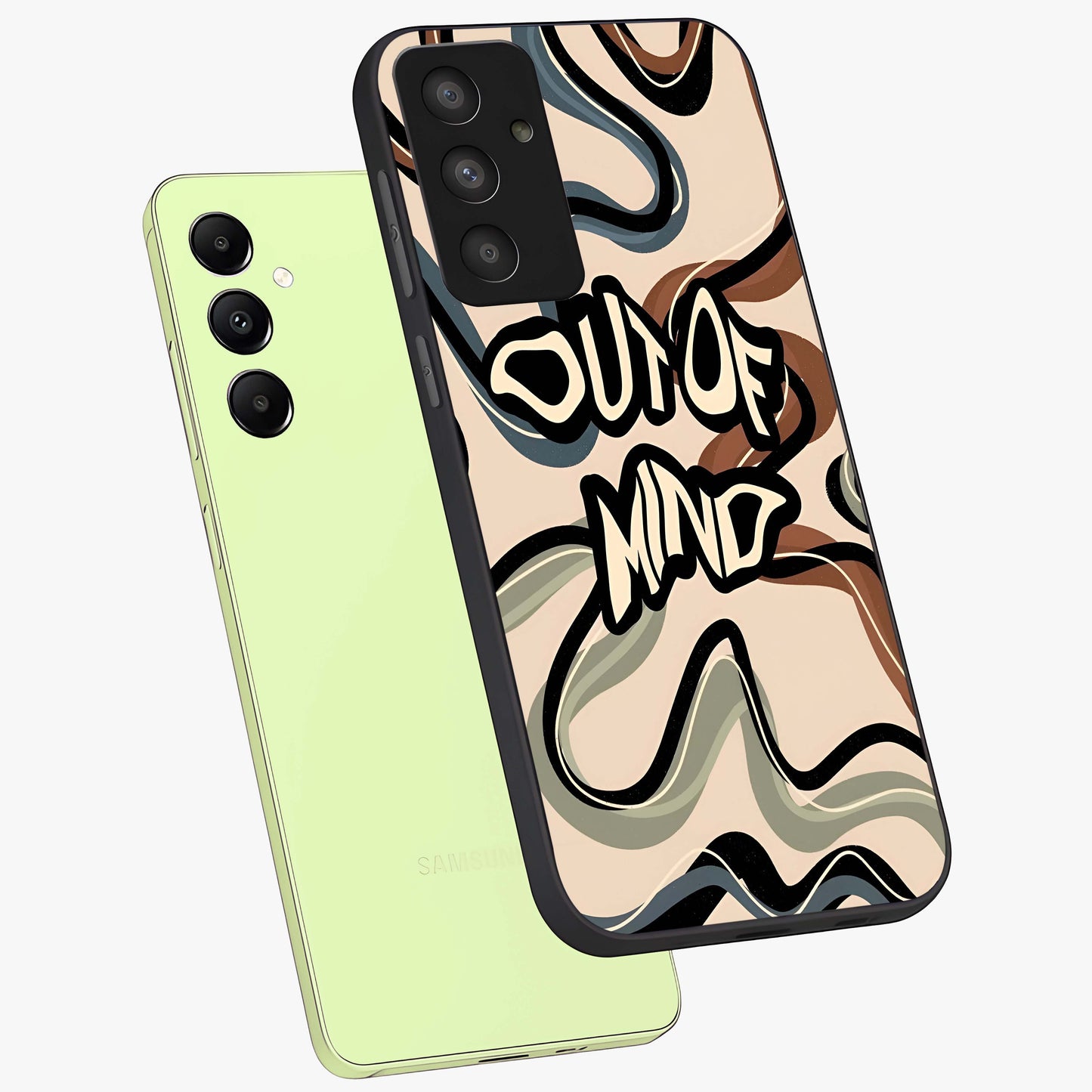 Out Of Mind Glass Case displayed in angled mockup highlighting bold statement design with modern artistic aesthetic.