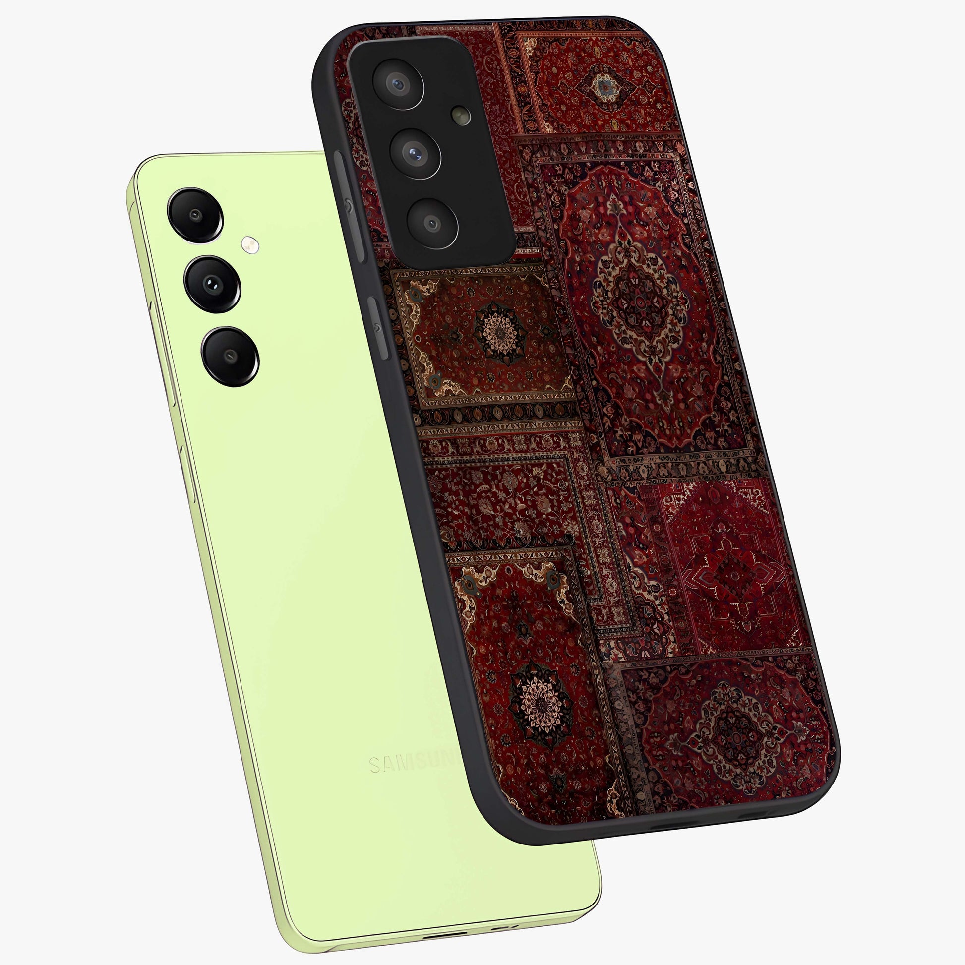 Persian Velvet Tale Glass Case displayed in angled mockup highlighting ornate textile inspired design with royal aesthetic.