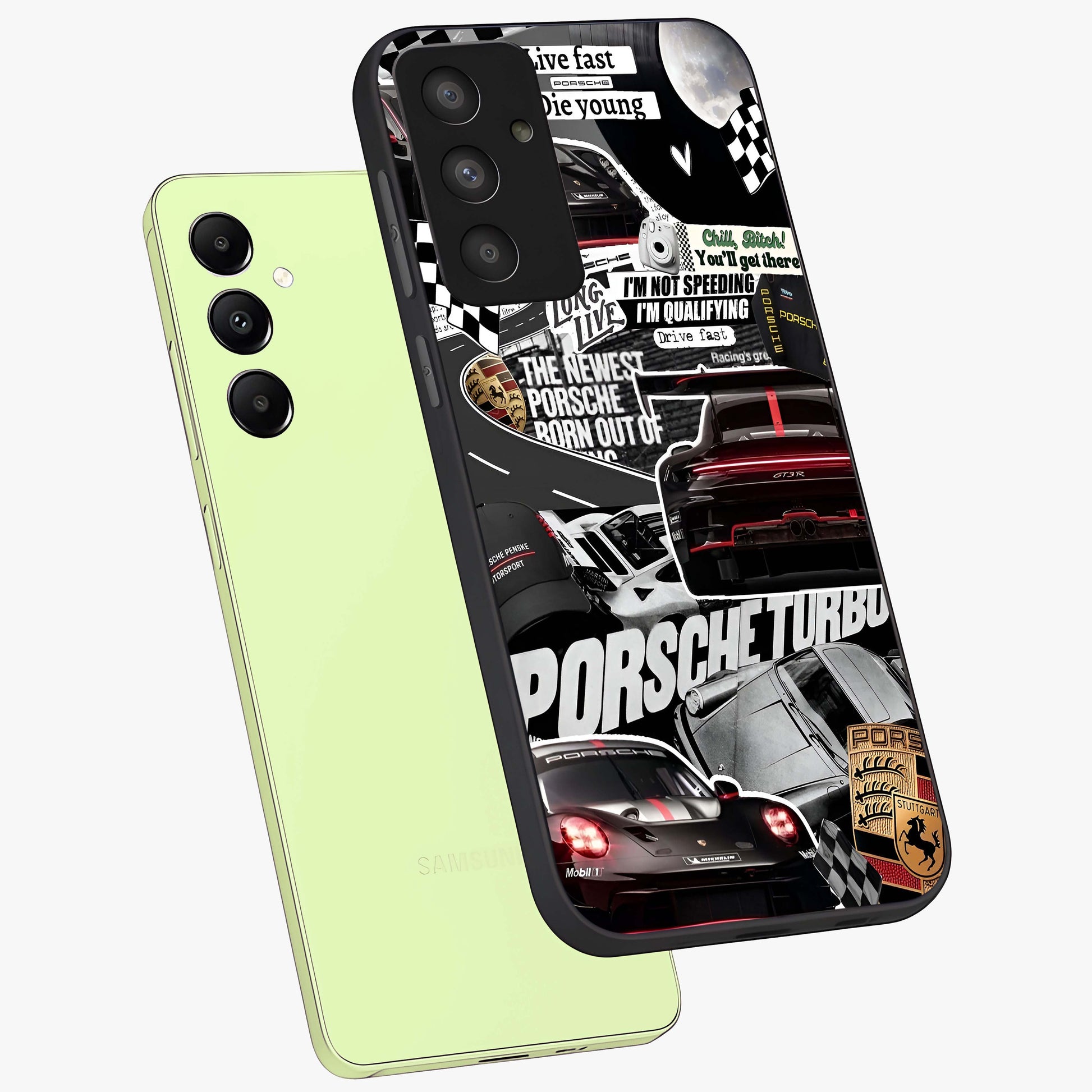 Porsche Racing Collage Glass Case displayed in angled mockup highlighting dynamic automotive design with bold racing aesthetic.