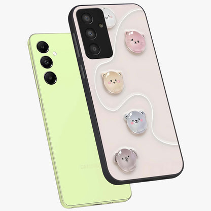 Puffy Face Parade Glass Case displayed in angled mockup highlighting playful cartoon face design with fun aesthetic.