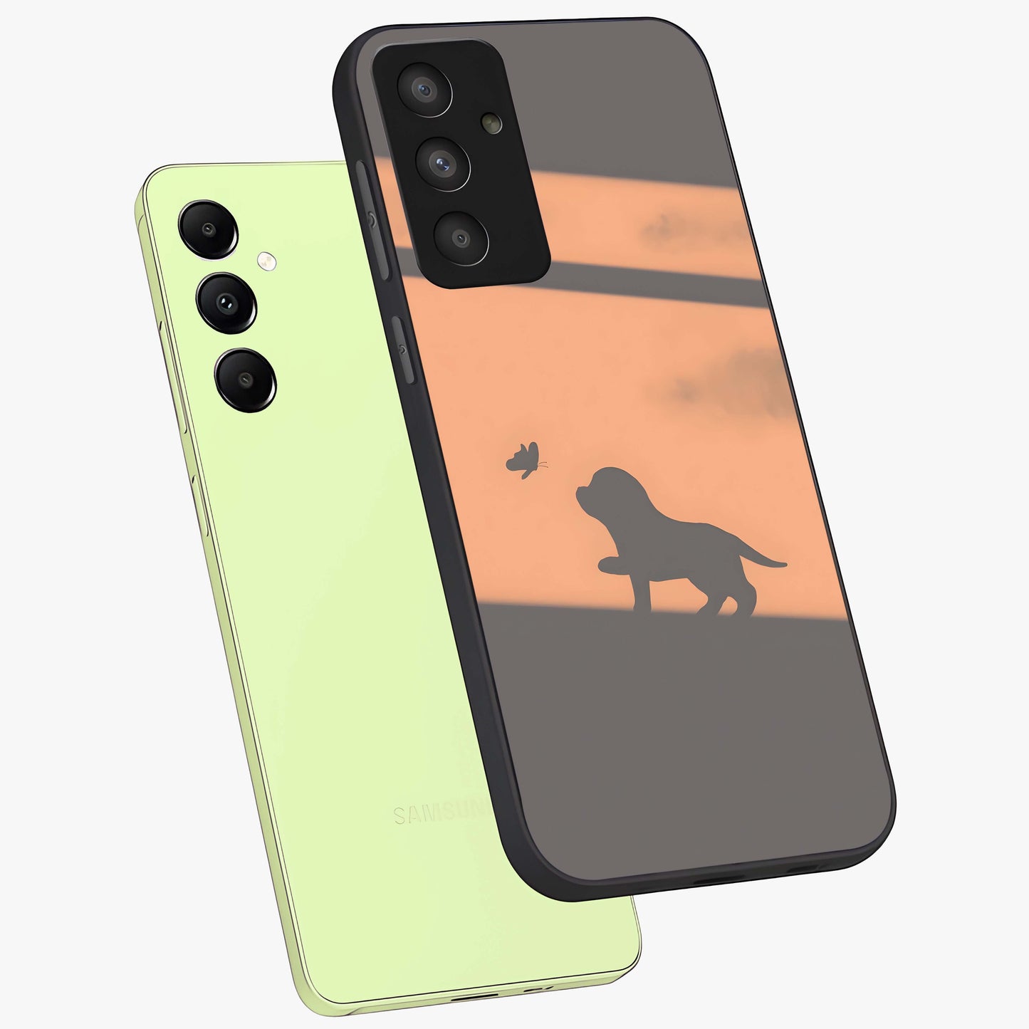 Puppy Shadow Art Glass Case displayed in angled mockup highlighting playful dog illustration with artistic shadow aesthetic.