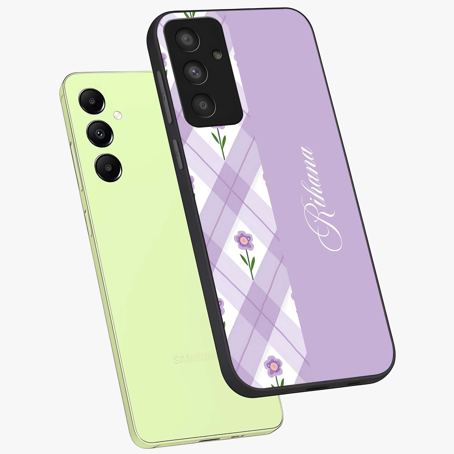 Purple Diamond Floral Glass Case displayed in angled mockup highlighting elegant purple flower design with decorative pattern.