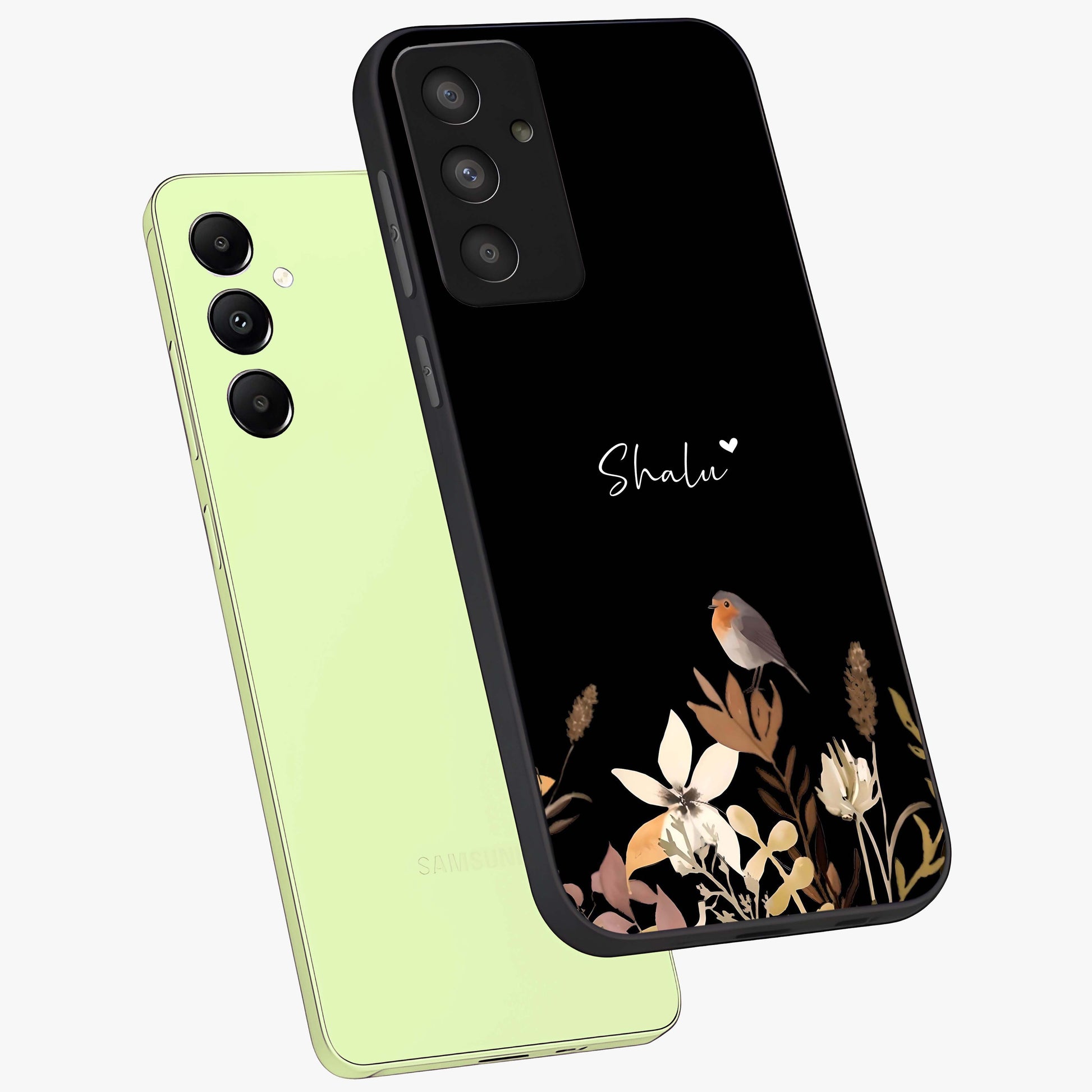 Quiet Garden Tune Custom Name Glass Case displayed in angled mockup highlighting delicate floral garden design with custom name feature.