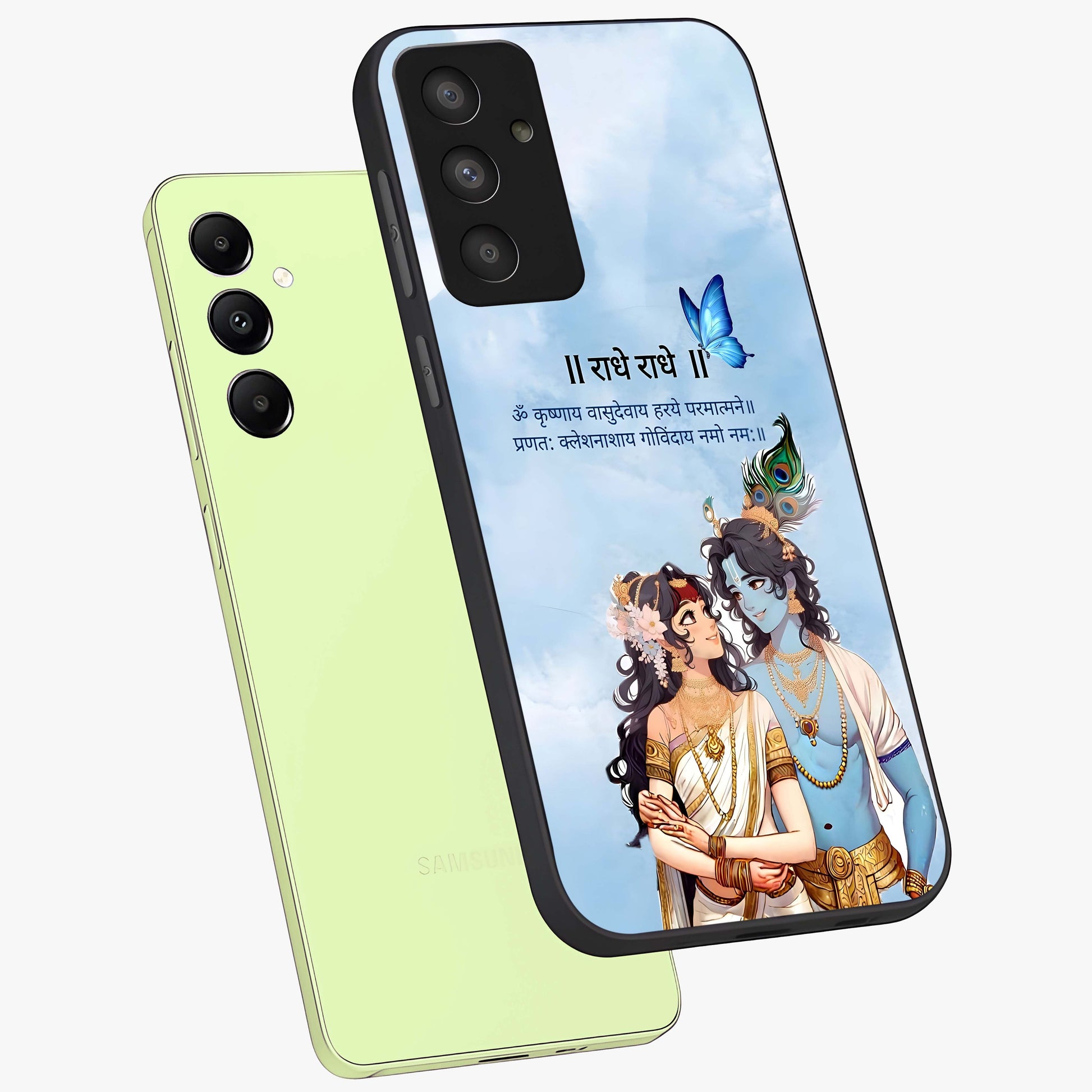 Radha Krishna Eternal Glass Case displayed in angled mockup highlighting divine Radha Krishna illustration with spiritual aesthetic.