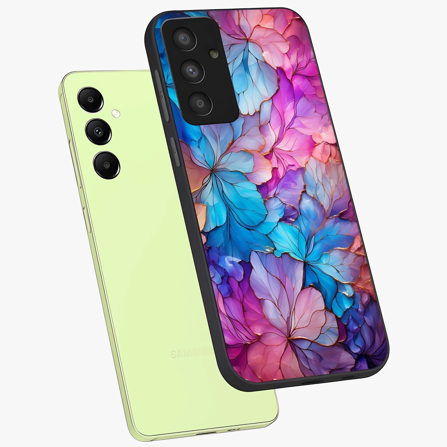 Radiant Floral Whirl Glass Case displayed in angled mockup highlighting vibrant flower pattern with dynamic artistic aesthetic.