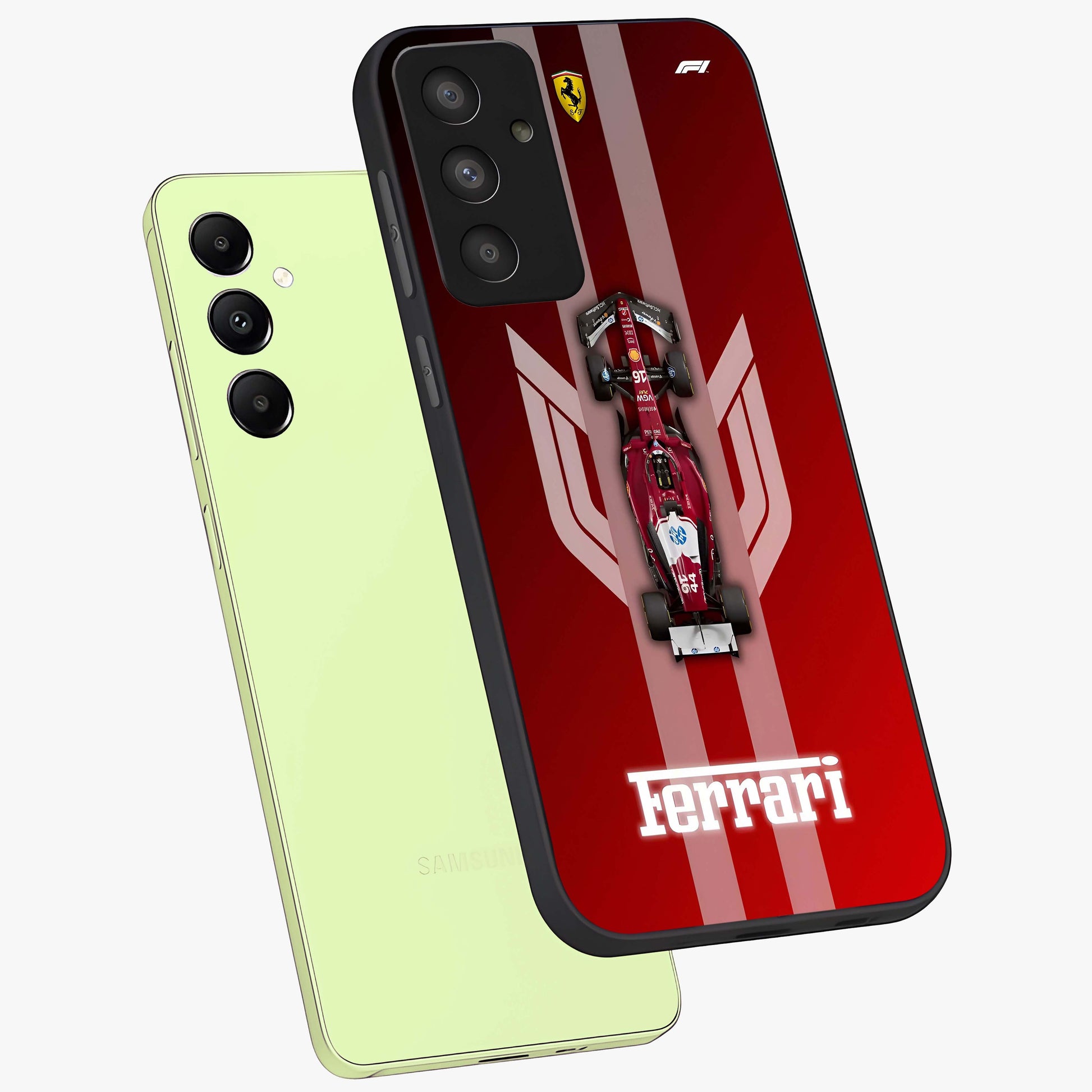 Red Ferrari F1 Vertical Glass Case displayed in angled mockup highlighting high speed racing design with bold automotive aesthetic.