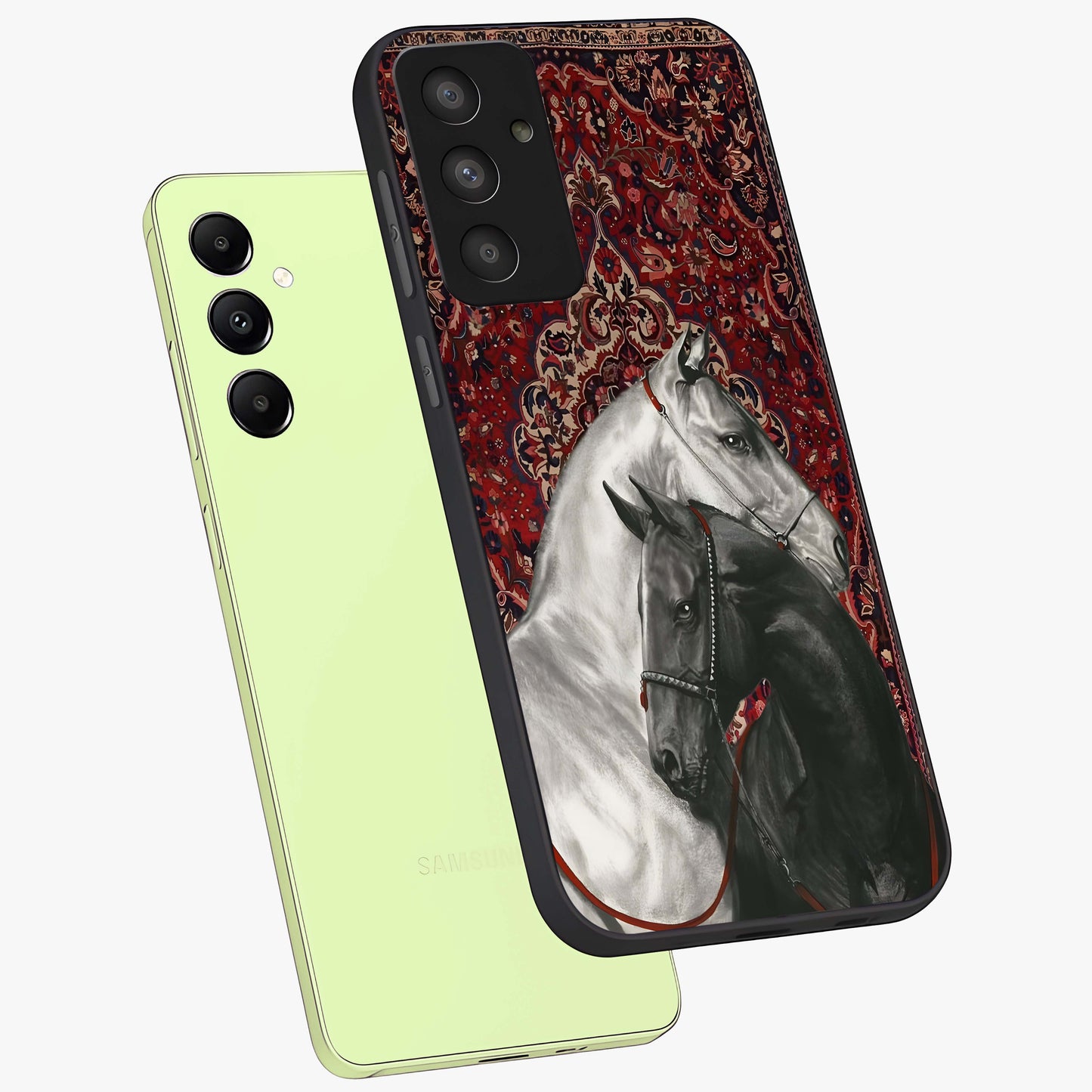 Regal Stallion Tapestry Glass Case displayed in angled mockup highlighting royal stallion design with decorative heritage aesthetic.