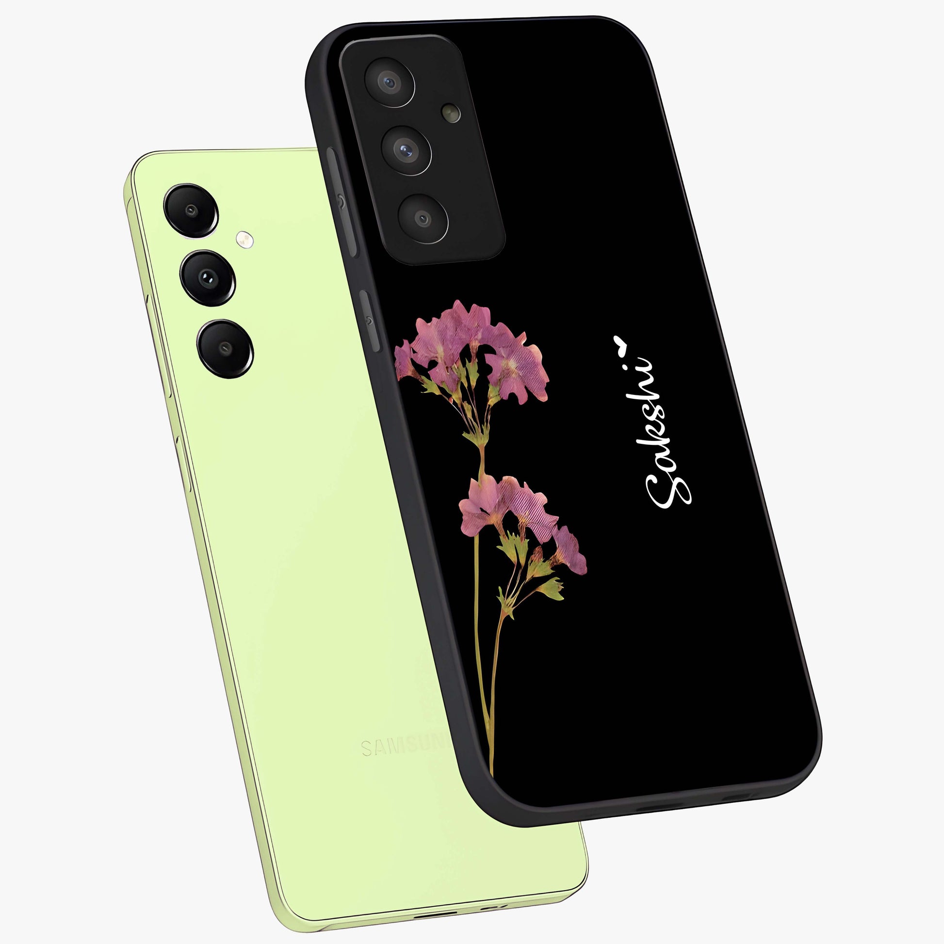 Riching Lavender Flower Custom Name Glass Case displayed in angled mockup highlighting delicate lavender flower design with custom name feature.