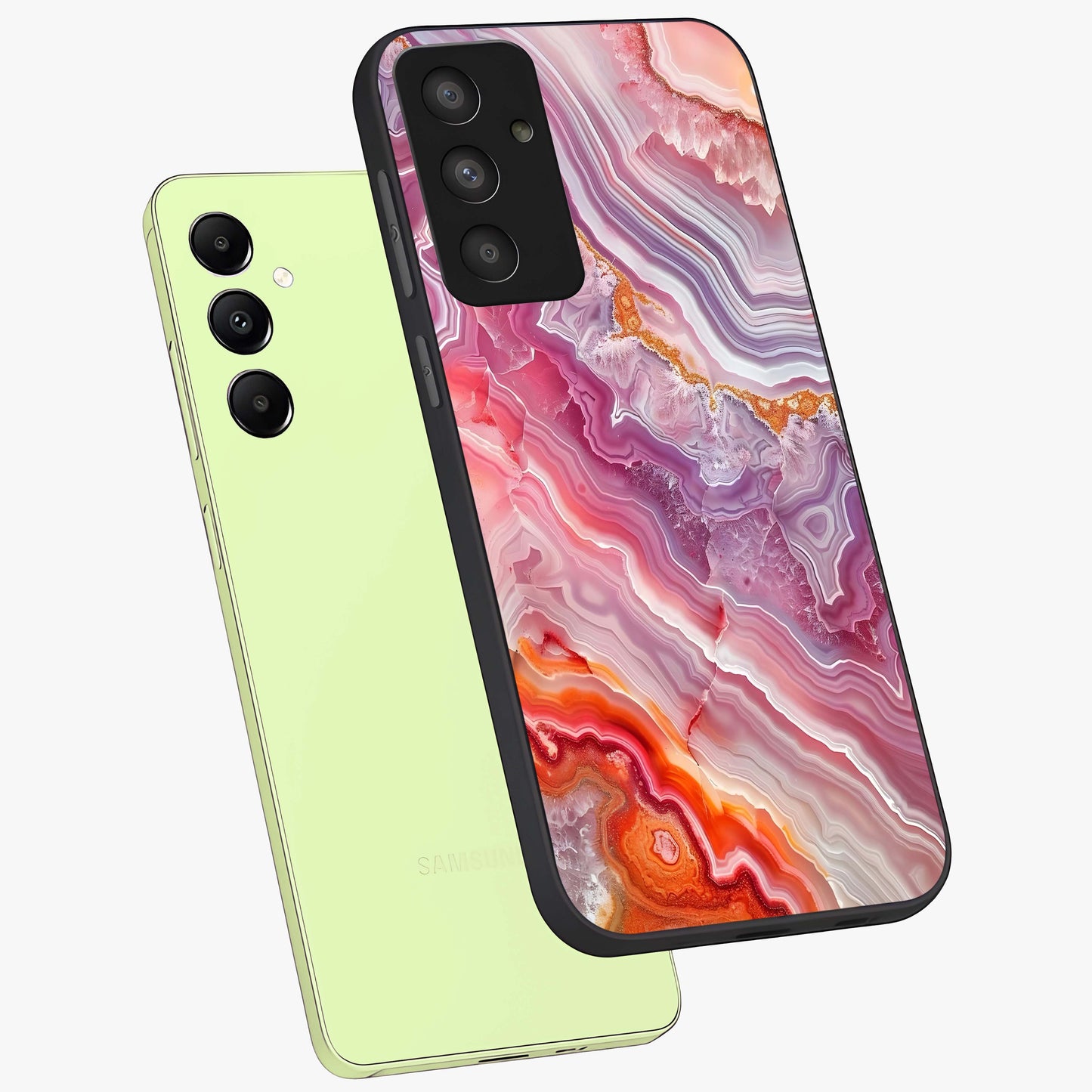 Rose Quartz Marble Glass Case displayed in angled mockup highlighting elegant marble pattern with soft aesthetic style.