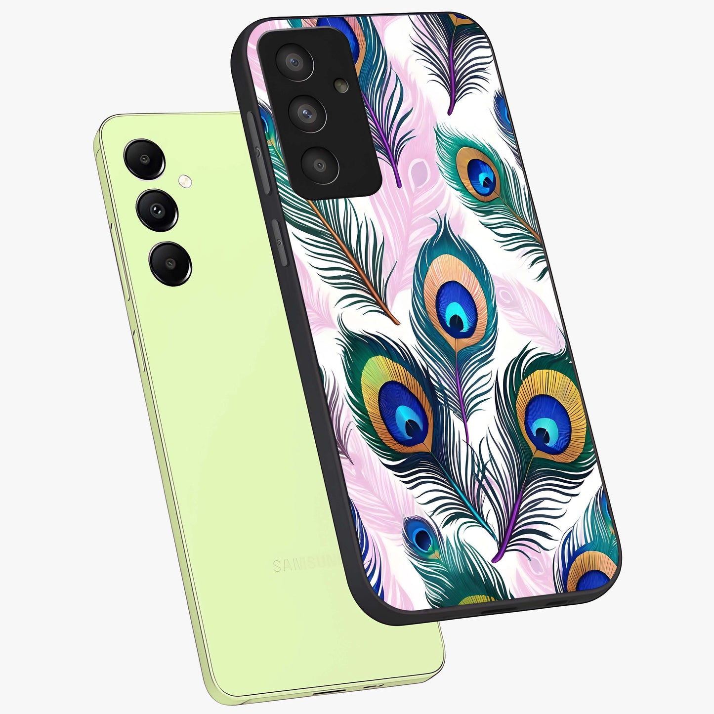 Royal Peacock Feathers Glass Case displayed in angled mockup highlighting vibrant feather pattern with regal aesthetic style.