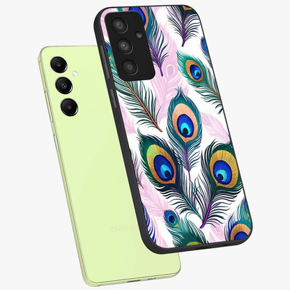 Royal Peacock Feathers Glass Case displayed in angled mockup highlighting vibrant feather pattern with regal aesthetic style.