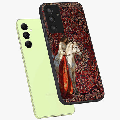 Royal Rider Tapestry Glass Case displayed in angled mockup highlighting traditional tapestry design with royal heritage aesthetic.