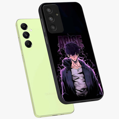 Shadow Monarch Awakening Glass Case displayed in angled mockup highlighting dramatic shadow warrior design with fantasy aesthetic.
