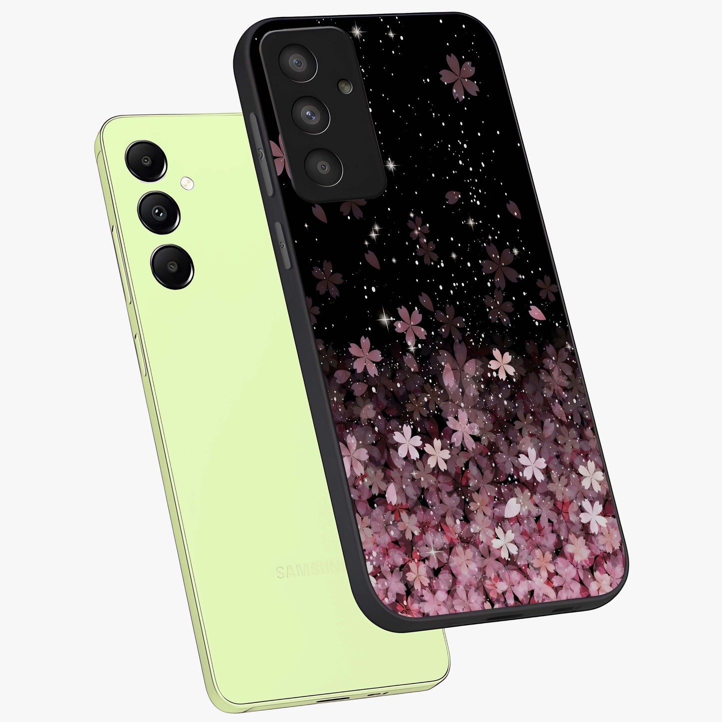 Small Starry Flowers Glass Case displayed in angled mockup highlighting tiny flower pattern with celestial aesthetic style.