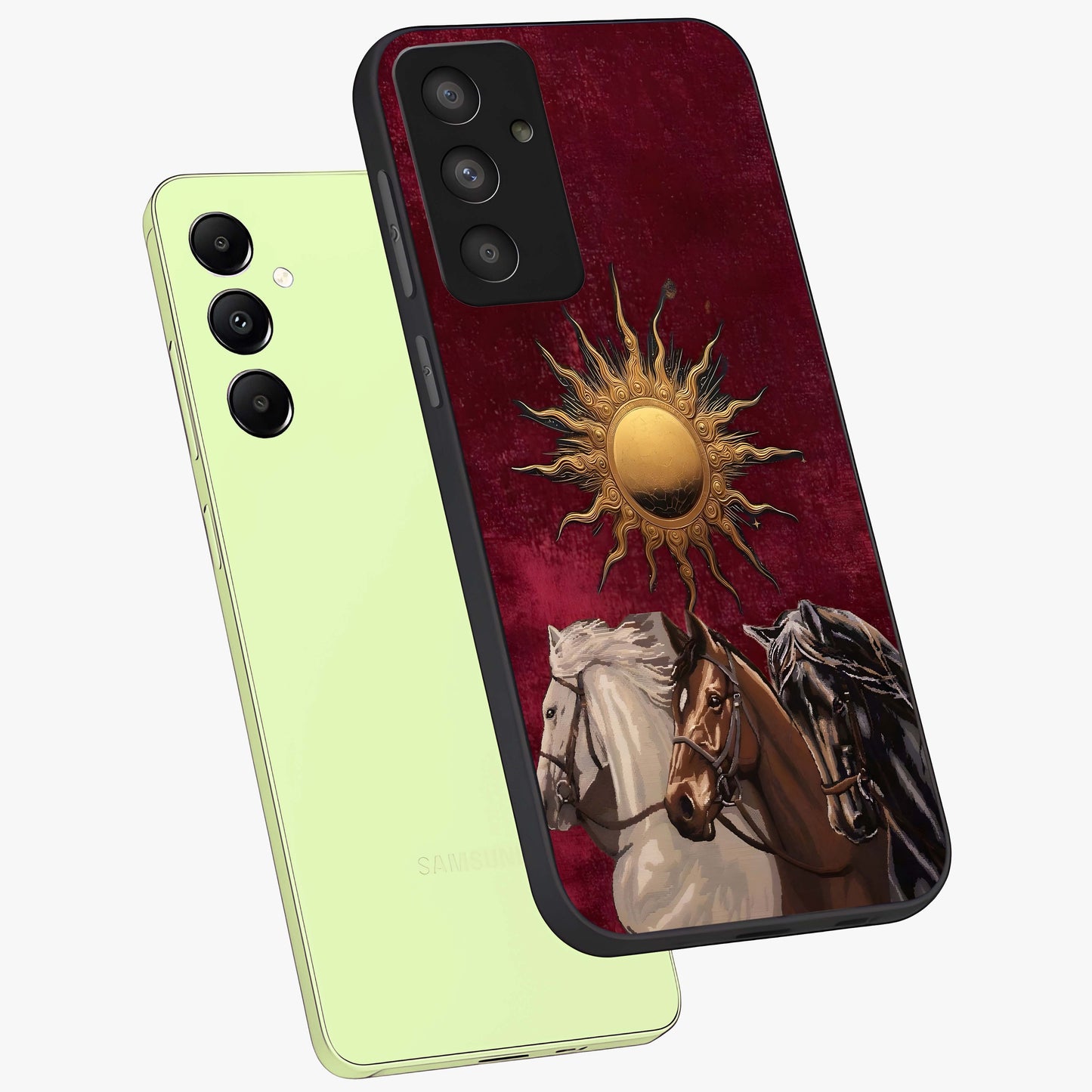 Solar Riders Glass Case displayed in angled mockup highlighting powerful rider illustration with radiant solar aesthetic.