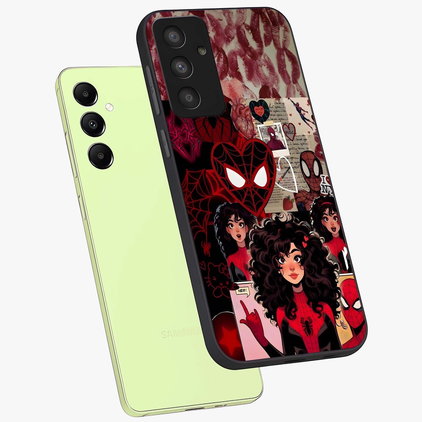 Spider Love Story Glass Case displayed in angled mockup highlighting expressive comic inspired design with playful aesthetic.