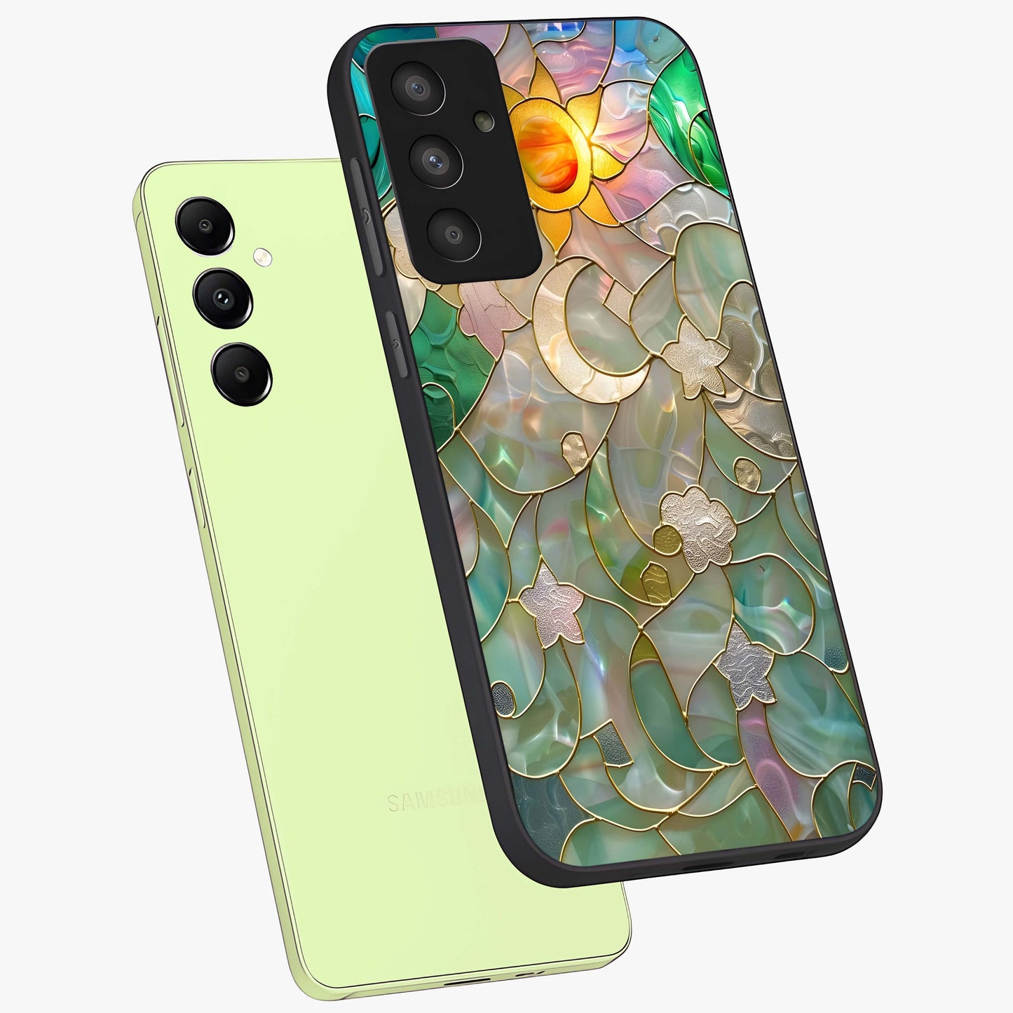 Stained Sunrise Glow Glass Case displayed in angled mockup highlighting radiant sunrise design with artistic aesthetic style.