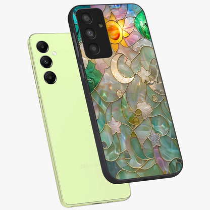 Stained Sunrise Glow Glass Case displayed in angled mockup highlighting radiant sunrise design with artistic aesthetic style.