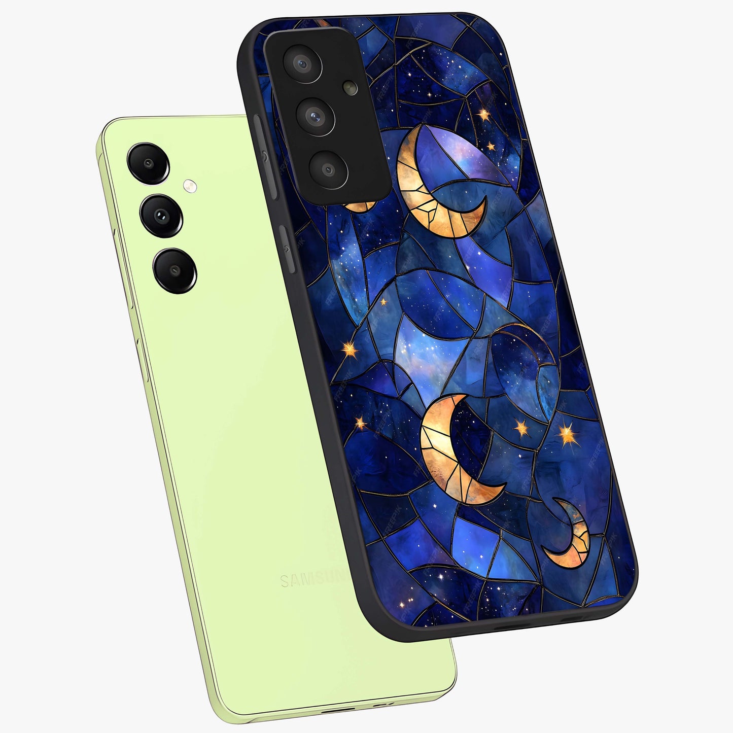 Starlit Sky Tapestry Glass Case displayed in angled mockup highlighting celestial night pattern with artistic aesthetic style.
