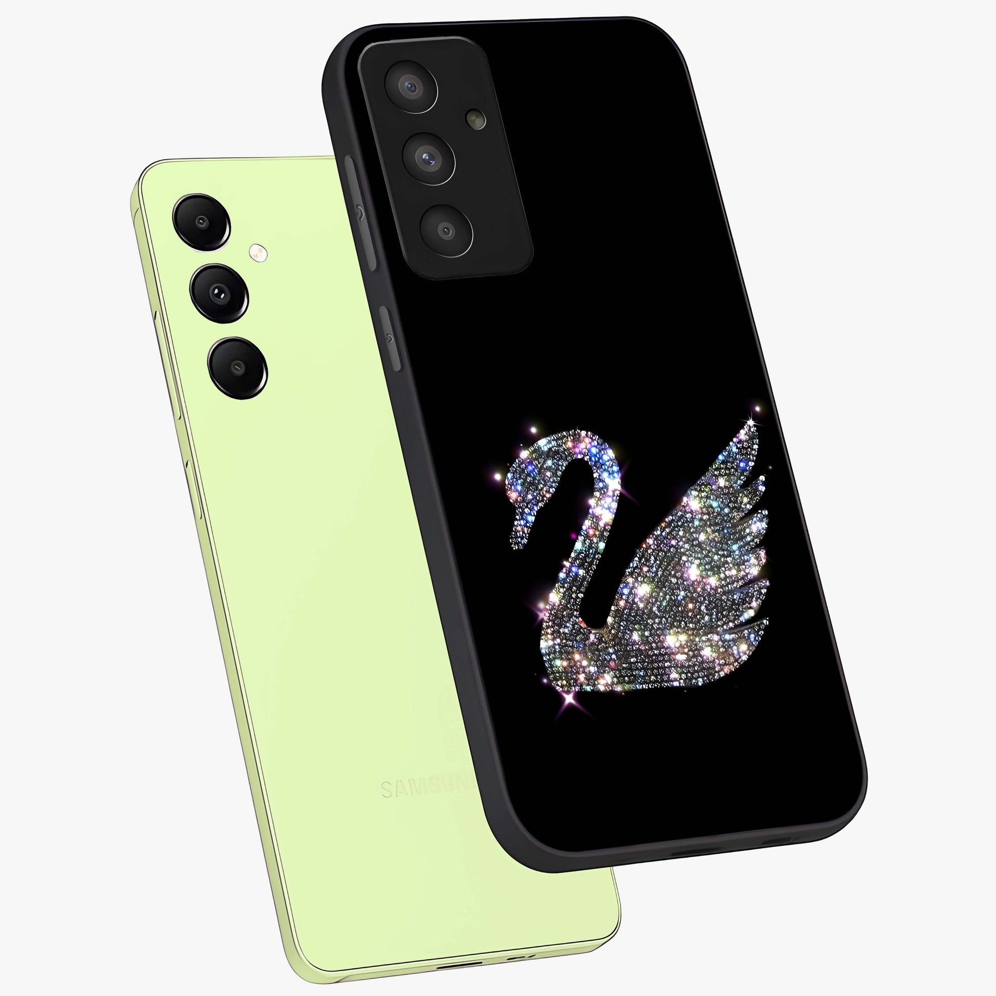Starlit Swan Grace Glass Case displayed in angled mockup highlighting elegant swan illustration with dreamy celestial aesthetic.