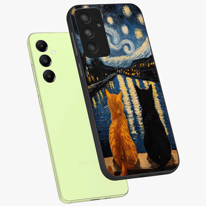 Starry River Cats Glass Case displayed in angled mockup highlighting charming feline illustration with dreamy night aesthetic.