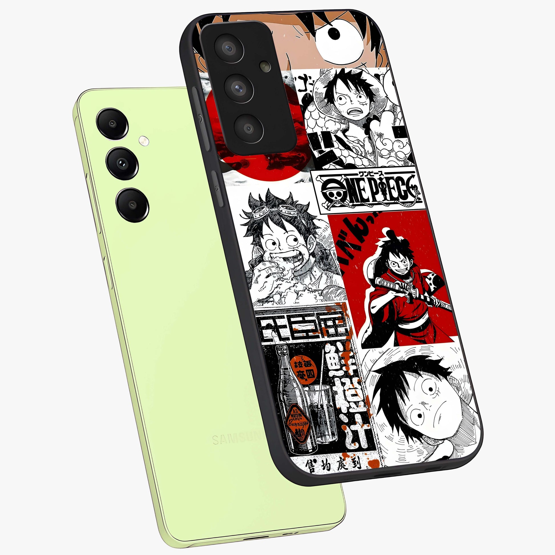 Strawhat Chaos Panels Glass Case displayed in angled mockup highlighting vibrant anime collage design with action aesthetic.