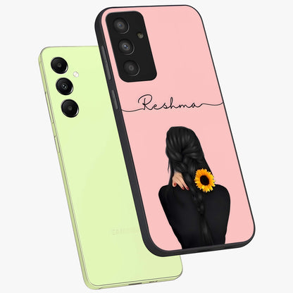 Sunflower Braid Beauty With Custom Name Glass Case displayed in angled mockup highlighting elegant sunflower design with custom name feature.