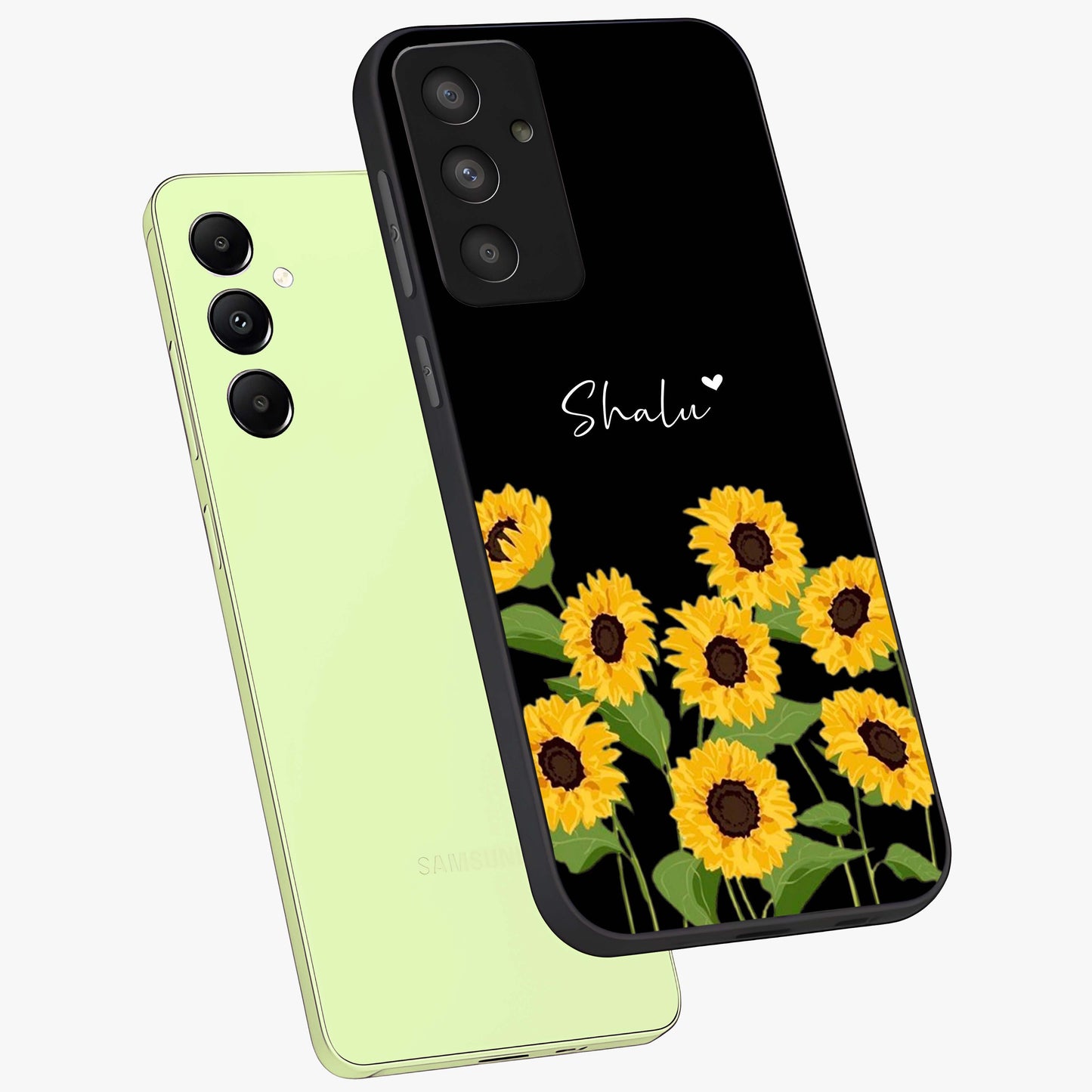 Sunflower Chic Mood Custom Name Glass Case displayed in angled mockup highlighting vibrant sunflower design with custom name feature.
