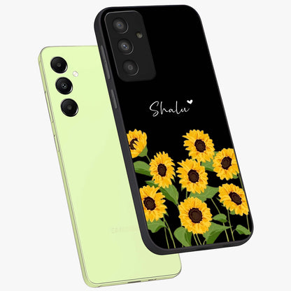 Sunflower Chic Mood Custom Name Glass Case displayed in angled mockup highlighting vibrant sunflower design with custom name feature.