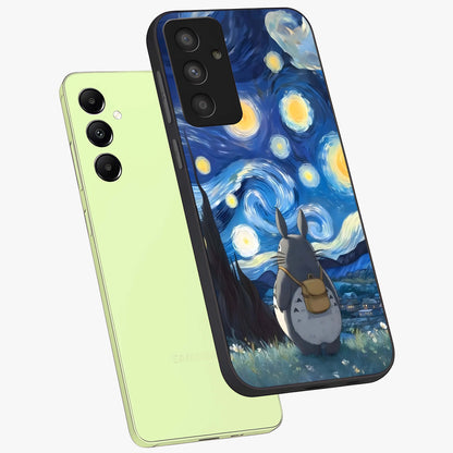 Totoro In Van Gogh Art Glass Case displayed in angled mockup highlighting artistic swirling sky design with playful animation aesthetic.